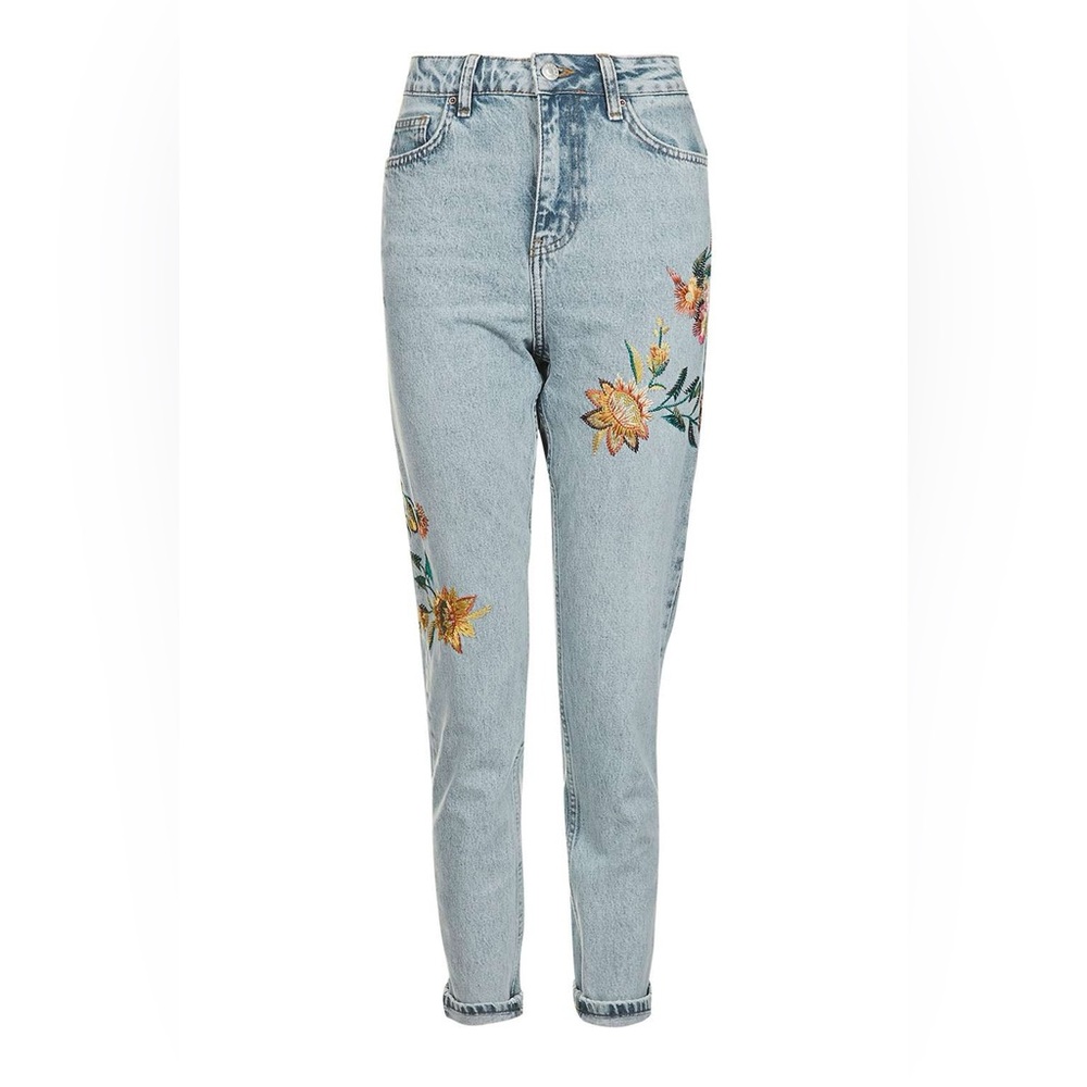 Topshop Light Blue Floral Embroidered High Rise Jeans
